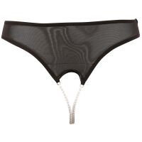 Damen String mit 2 weißen Perlenketten - ouvert - Schwarz