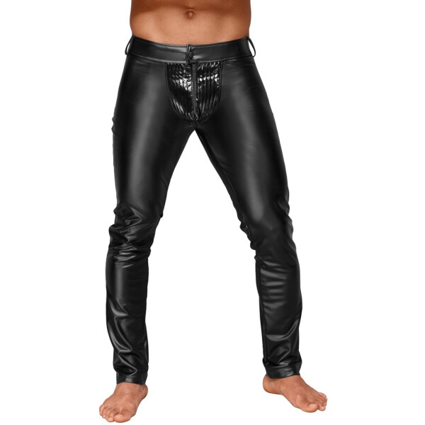 Schwarze Noir Hose Decadence im Powerwetlook mit plissiertem Lack-Beutel