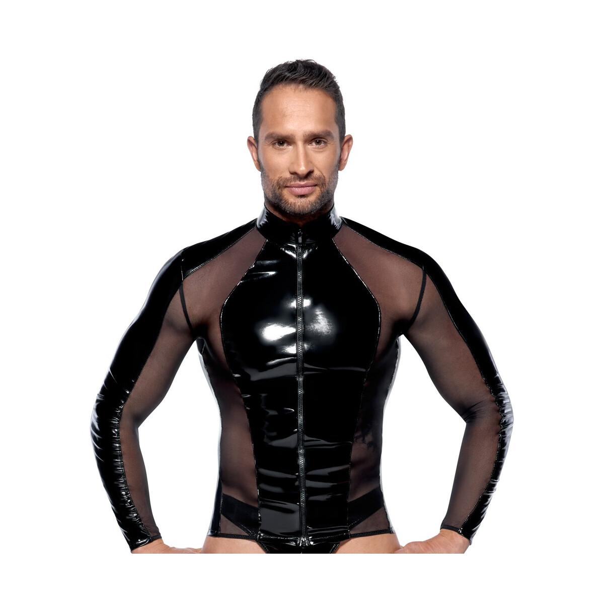 Langarm-Shirt aus Lack mit Netz-Einsätzen - Schwarz