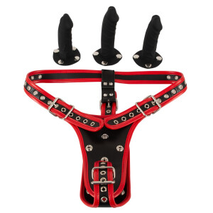 Kittys Tri-Dildo Harness - Schwarz/Rot - Größe - L/XL