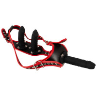 Kittys Tri-Dildo Harness - Schwarz/Rot - Größe - L/XL