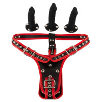 Kittys Tri-Dildo Harness - Schwarz/Rot - Größe - L/XL