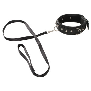 Halsfessel in Leder-Optik mit Leine - Vegan - Schwarz