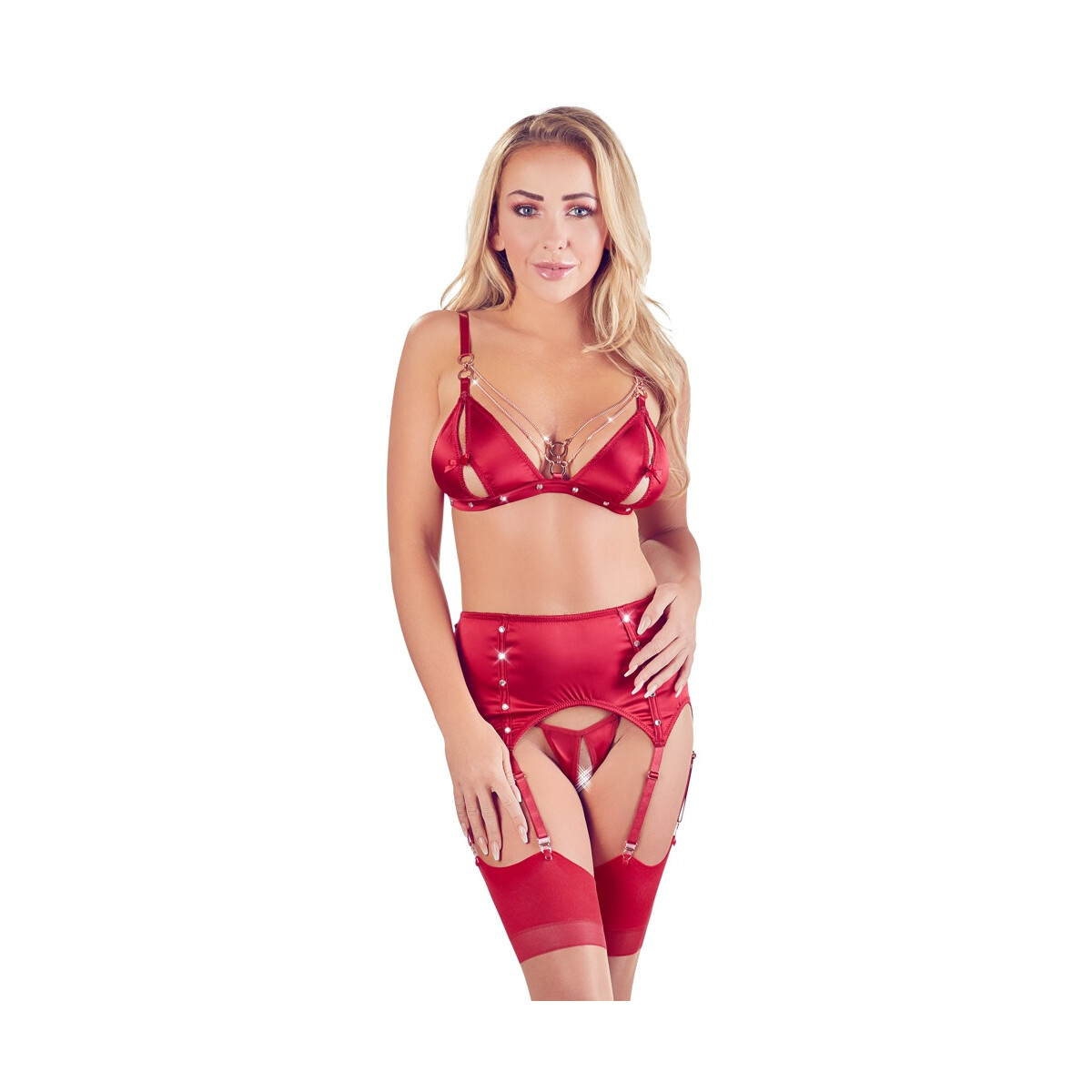 Rotes 3-teiliges Abierta Fina Straps-Set mit BH, Strapsgurt 