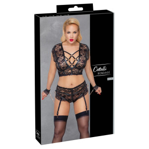 BH & Straps-Slip ouvert mit Handfesseln - Schwarz - Bis Größe 4XL