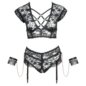 BH & Straps-Slip ouvert mit Handfesseln - Schwarz - Bis Größe 4XL