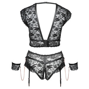 BH & Straps-Slip ouvert mit Handfesseln - Schwarz - Bis Größe 4XL