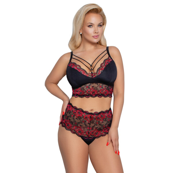 Soft BH & Slip mit Blütenspitze - Rot/Schwarz -  Größe XL