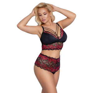 Soft BH & Slip mit Blütenspitze - Rot/Schwarz -  Größe XL