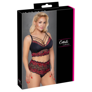 Soft BH & Slip mit Blütenspitze - Rot/Schwarz -  Größe XL