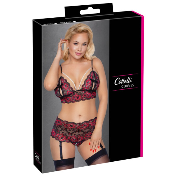 Soft-BH & Straps-Slip ouvert aus Blütenspitze - Rot/Schwarz - Bis Größe 4XL