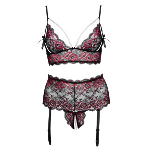 Soft-BH & Straps-Slip ouvert aus Blütenspitze - Rot/Schwarz - Bis Größe 4XL