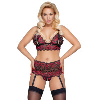 Soft-BH & Straps-Slip ouvert aus Blütenspitze - Rot/Schwarz - Bis Größe 4XL