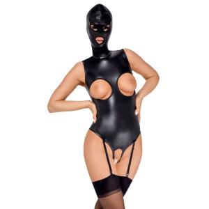Bad Kitty Busenfreier Straps-Body ouvert - mit Kopfmaske - Lederimitat - Schwarz