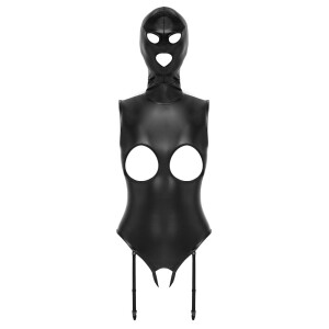 Bad Kitty Busenfreier Straps-Body ouvert - mit Kopfmaske - Lederimitat - Schwarz