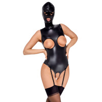 Bad Kitty Busenfreier Straps-Body ouvert - mit Kopfmaske - Lederimitat - Schwarz