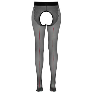 Straps-Strumpfhose Ouvert - Rote Ziernaht - Schwarz