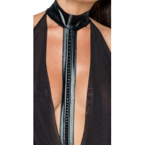 Noir Missbehaved Exclusive Minikleid - Enges Wetlook-Kleid mit Strass-Halsband - Schwarz