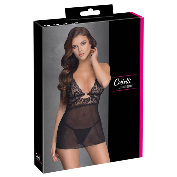 Babydoll + String aus Powernet & Spitze - Schwarz