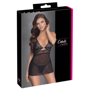 Babydoll + String aus Powernet & Spitze - Schwarz