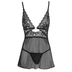 Babydoll + String aus Powernet & Spitze - Schwarz