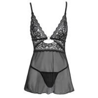 Babydoll + String aus Powernet & Spitze - Schwarz