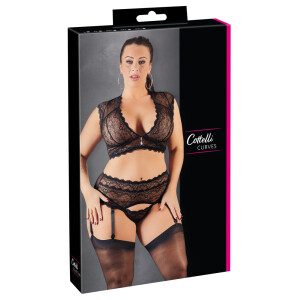 Spitzen-Set - Bralette + Straps-String - Elastisch - Schwarz - Bis Größe 4XL