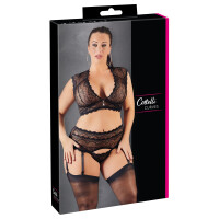Spitzen-Set - Bralette + Straps-String - Elastisch - Schwarz - Bis Größe 4XL