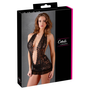 Minikleid aus Spitze mit angenähten String - Schwarz