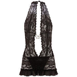 Minikleid aus Spitze mit angenähten String - Schwarz