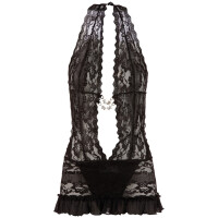 Minikleid aus Spitze mit angenähten String - Schwarz