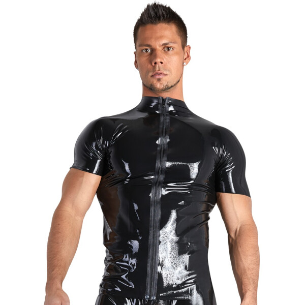 Herren Shirt aus Latex mit Reißverschluss - Kurzarm - Schwarz