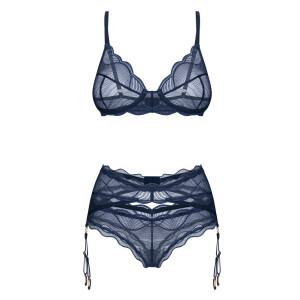 Obsessive Nightly Blue - 3-tlg. Lingerie-Set - Bügel-BH, Strapsgürtel & String - Blau