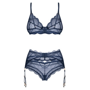 Obsessive Nightly Blue - 3-tlg. Lingerie-Set - Bügel-BH, Strapsgürtel & String - Blau