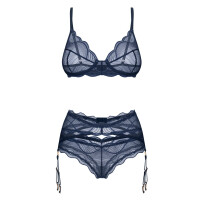 Obsessive Nightly Blue - 3-tlg. Lingerie-Set - Bügel-BH, Strapsgürtel & String - Blau