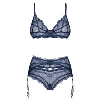 Obsessive Nightly Blue - 3-tlg. Lingerie-Set - Bügel-BH, Strapsgürtel & String - Blau